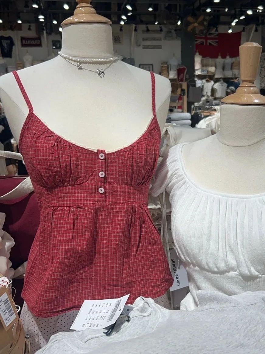 Red Plaid Buttons Tank Shorts  - Elastic Lace Trim review and price